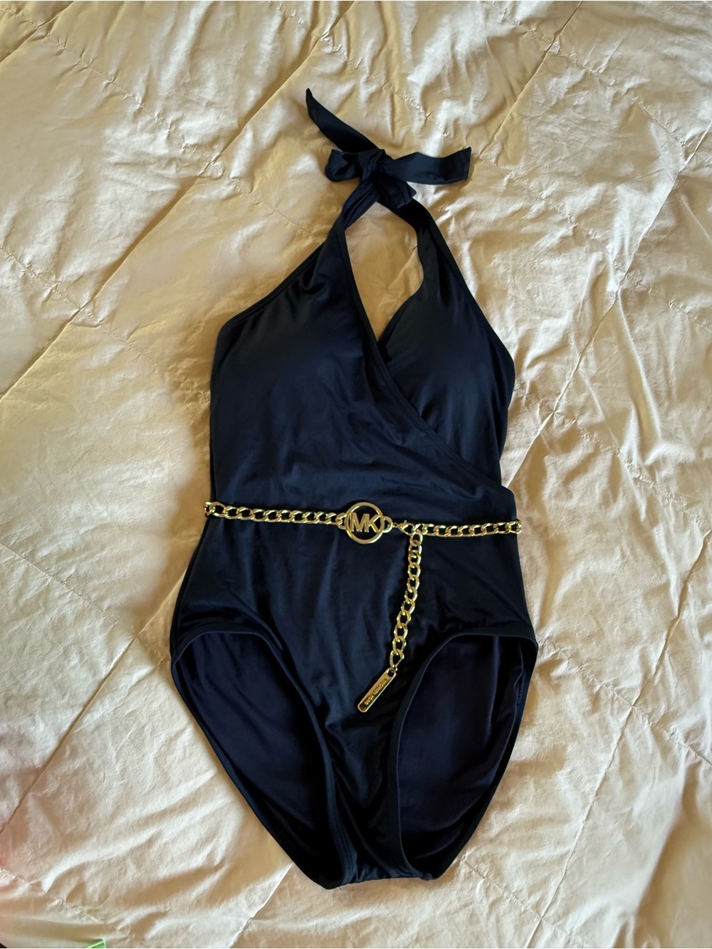 Michael Kors Navy Halter One-Piece Swimsuit with Gold Chain Belt